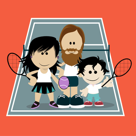 Dads playing tennis with his son on color backgroundのイラスト素材