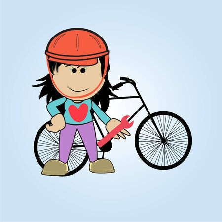 woman repairing his bicycle with wrenchのイラスト素材