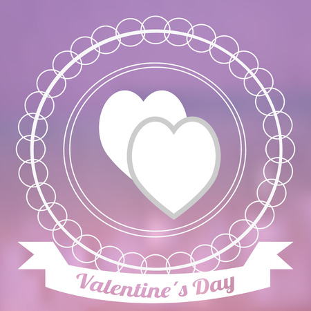 Valentines day,  between crossed hearts  and circle label  over pink color blur backgroundのイラスト素材