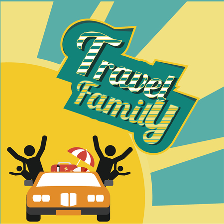 family travel, all by car over yellow and green textured backgroundのイラスト素材