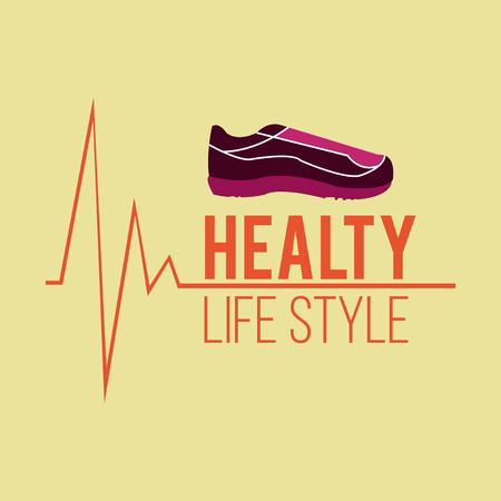 healthy lifestyle and tennis shoes over yellow color backgroundのイラスト素材