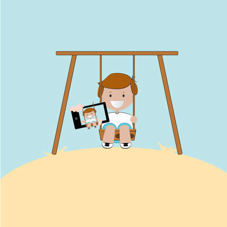 selfie children illustration over color backgroundのイラスト素材