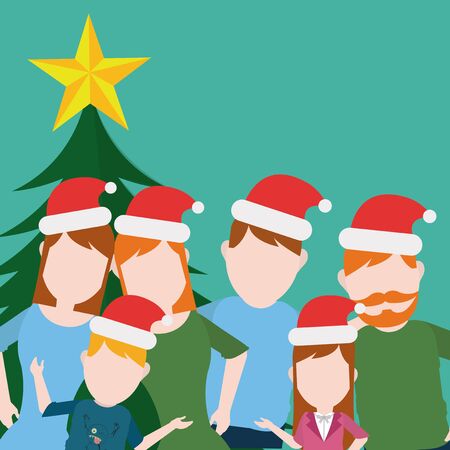 Merry Christmas Family illustration over green color backgroundのイラスト素材