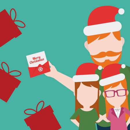 Merry Christmas Family illustration over green color backgroundのイラスト素材