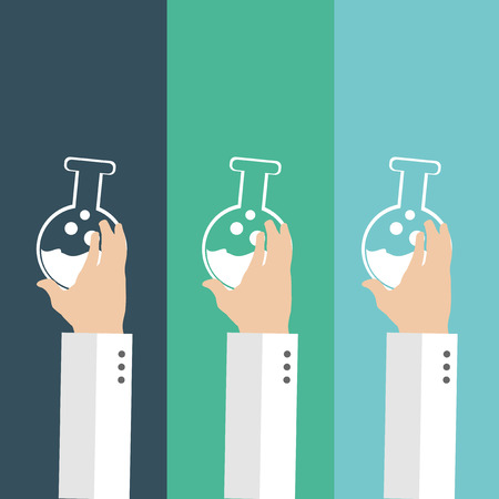 three hands holding test tube in blue and green lines backdropのイラスト素材