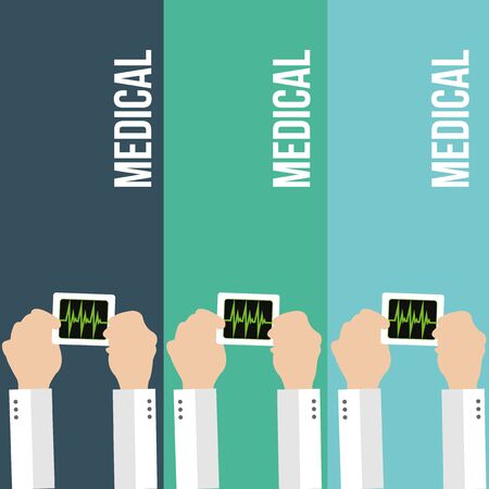 three hands holding electrocardiogram examination in blue and green lines backdropのイラスト素材