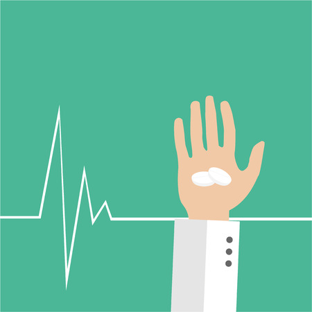 hand holding medicines, behind green backdrop and life lineのイラスト素材