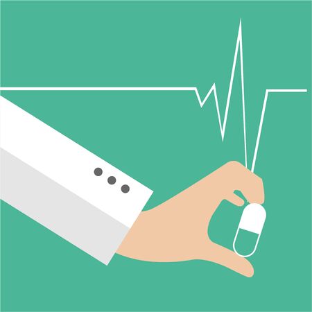 hand holding medicines, behind green backdrop and life lineのイラスト素材