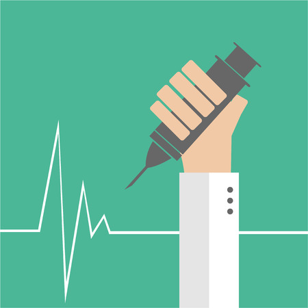 hand holding medicines, behind green backdrop and life lineのイラスト素材