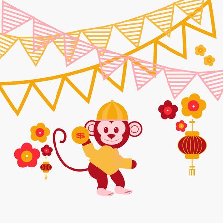 Chinese Monkey festival with flags over white color backdropのイラスト素材