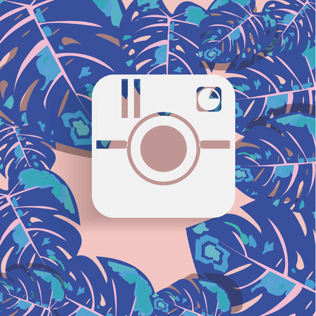 white camera in blue tropical leaves backdropのイラスト素材