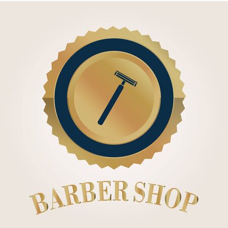 barber shop stamp circle gold  shape inside shaver on color backgroundのイラスト素材