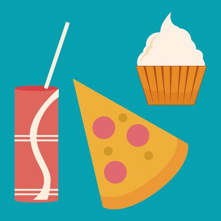 soda metal,cup cake and pizza illustration over blue color backdropのイラスト素材