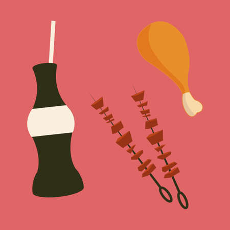soda botlle, chicken leg and skeawers illustration over pink color backdropのイラスト素材