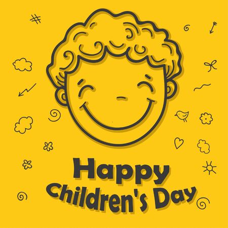happy children´s day illustrator, boy with happy face in yellow color backdropのイラスト素材