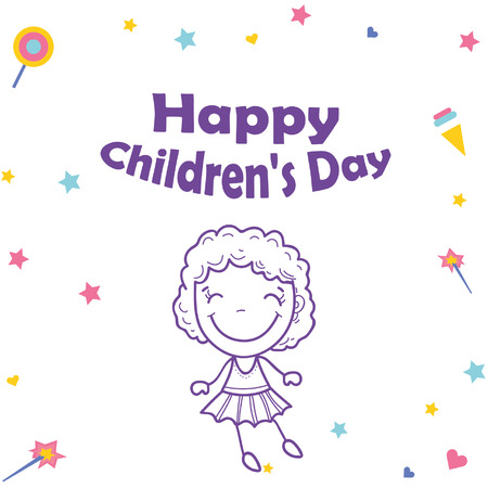 happy children´s day illustrator, girl  with happy face and stars and sparksのイラスト素材