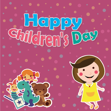 happy children´s day illustrator, girl with toys in color backdropのイラスト素材
