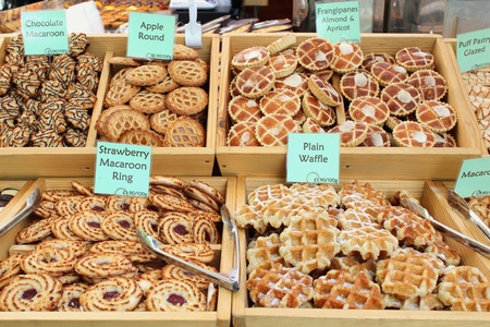 Assortment of biscuits on a market stallの写真素材