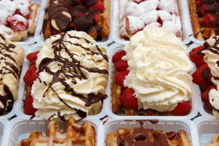 Close up of a waffle on a street stallの写真素材