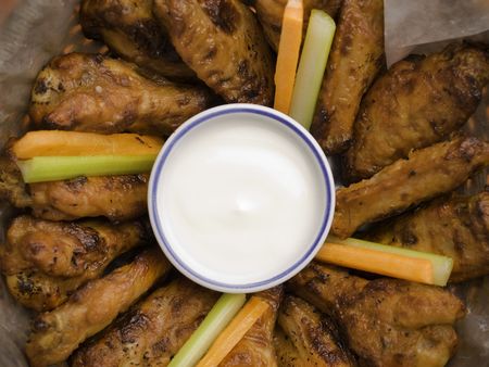 chicken buffalo wing with blue cheese sauce の写真素材