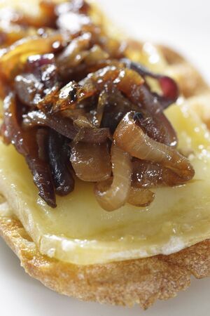 Caramelized onion on a bread portion with warm cheese. Very shallow depth of field.の写真素材