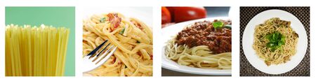 Cooked and uncooked pasta collage from four photographs.  の写真素材