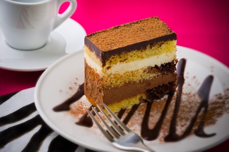 Creamy chocolate mousse cake on a white plate with a pink background. Added vignetting and very shallow depth of field. の写真素材