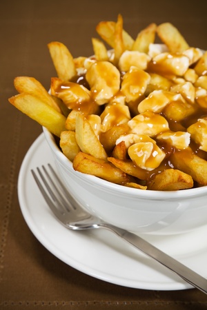 Poutine meal made with french fries, cheese curds and gravy. Very Shallow depth of field.