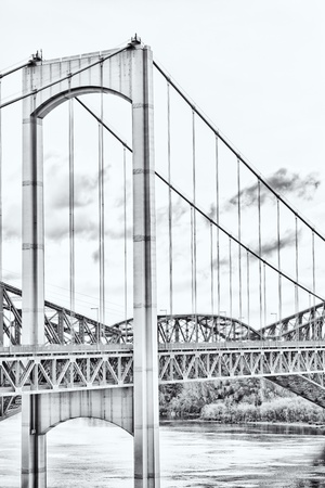 High key black and white photography of a suspension bridge from Quebec, Canada.のeditorial素材