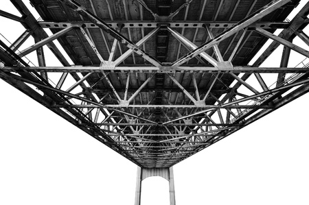 Bridge structure photographed from under. Black and white photography isolated on white background.の写真素材