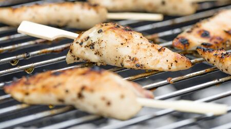 Chicken Satay - Char-grilled spicy mini chicken fillet skewers on a barbecue.の写真素材