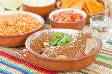 Mole Poblano - Chicken with mole sauce and tomato rice. Traditional Mexican food.の写真素材