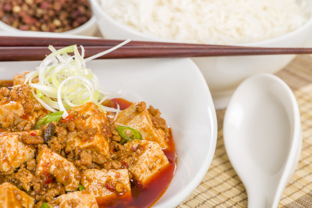 Mapo Tofu - Tofu and minced pork cooked with chili bean paste, fermented black beans, chili oil and Szechuan peppers, garnished with spring onions.の写真素材