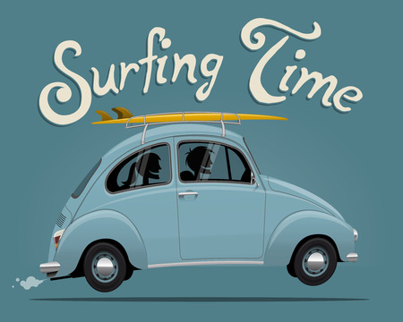 Summer Vacation Surfing Trip Themed vector illustration of the vintage car with the couple insideのイラスト素材