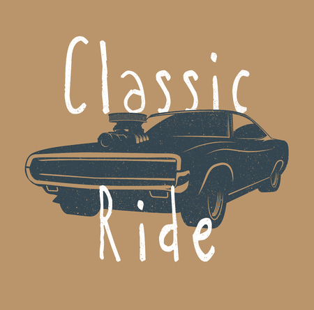 Vintage styled vector illustration of the classic american muscle car. Poster. Badgeのイラスト素材