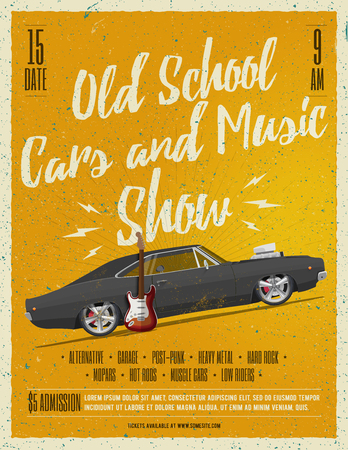 Old School Cars and Music Show Poster. Flyer. Vintage Styled Vector Illustration.のイラスト素材