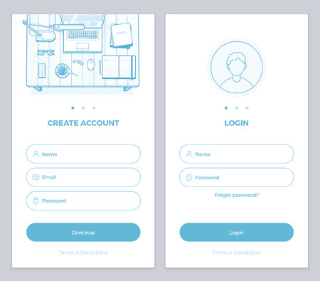 New User Account Create and User Login pages UI for mobile APP or website. Minimalist vector illustration for your website or mobile app. Sign up, Sign in page mockup.のイラスト素材