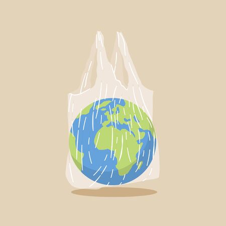 Earth globe in transparent plastic bag. Plastic pollution problem concept. Vector illustration.のイラスト素材