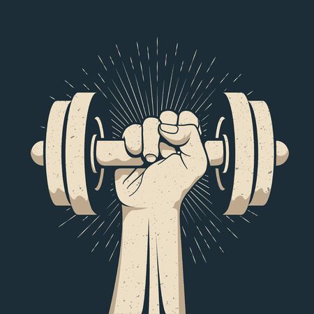 Strong bodybuilder man arm holding dumbbell doing lift exercise isolated on dark background. Sport gym workout fitness concept. Vector illustration.のイラスト素材