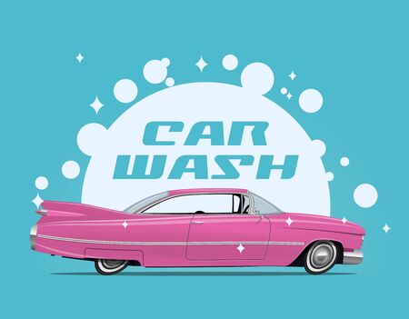 Carwash service concept illustration with side view cartoon retro pink car and white soap bulbs and car wash caption. Vector illustration.のイラスト素材