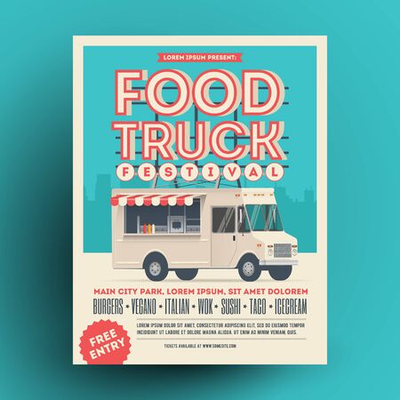 Food truck or street food festival poster or flyer design template. Vector illustration.のイラスト素材