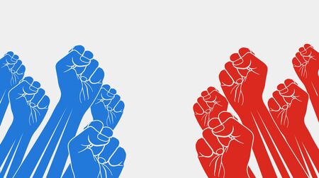 Group of red raised fists against group of blue raised fists, isolated on white background. Confrontation, opposition concept.のイラスト素材