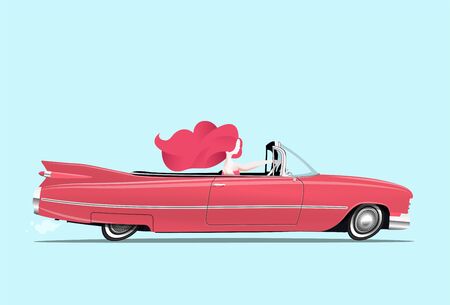 Redhead girl is driving a classic red cabriolet car. Woman driving. Cartoon styled vector eps 10 illustration.のイラスト素材