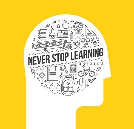 Human head silhouette with set of learning thin line icons inside with Never Stop Learning inside. Vector eps 10 illustrationのイラスト素材