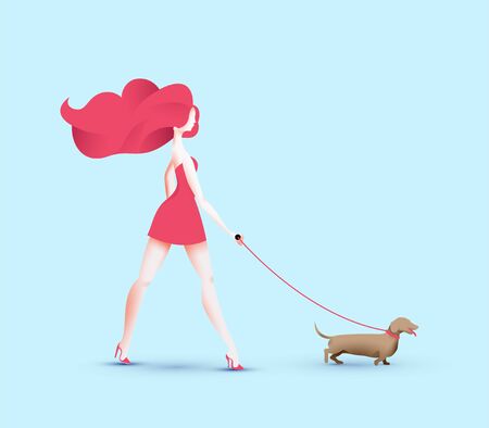 Redhead pretty traveler girl in red dress walking with red travel roller bag. Vector eps 10 illustrationのイラスト素材