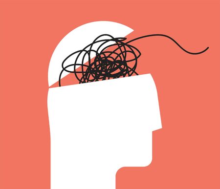 ADHD Attention disorder vector illustration of humans head silhouette with messy lines of thinks. Mental disorder icon. Vector eps 10 illustration.のイラスト素材