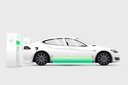 White electric car at charging station with full green battery. Isolated white electric car. Vector eps 10 illustrationのイラスト素材