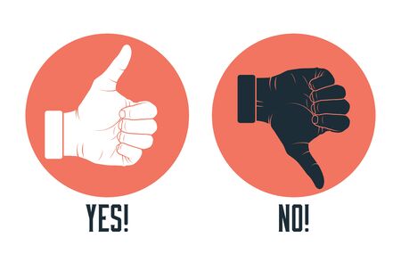 Like and dislike icons set. Thumb up and thumb down round red icons on white background. Voting concept. Design Elements for smm, ad, marketing, ui, ux, app. Vector eps 10 illustration of Yes No.のイラスト素材