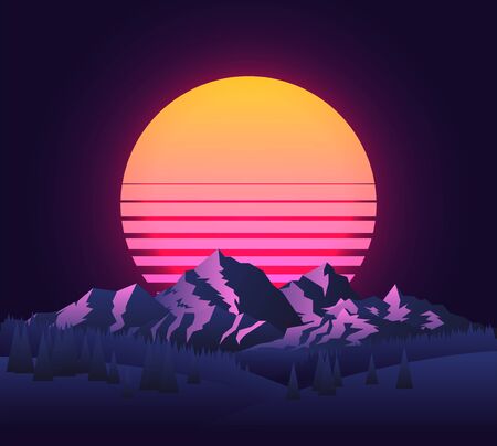 Abstract image of a sunset, the dawn sun over the mountains landscape in the background and trees in the foreground. Vintage futuristic 90s sun. Mountain landscape. Vector eps 10 illustration.のイラスト素材
