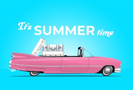 Old School Camper Mini Van With Surf board and luggage on the roof on the beach road. Vector Illustrationのイラスト素材
